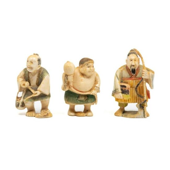 Three Japanese Painted Carved Bone Netsuke Figures