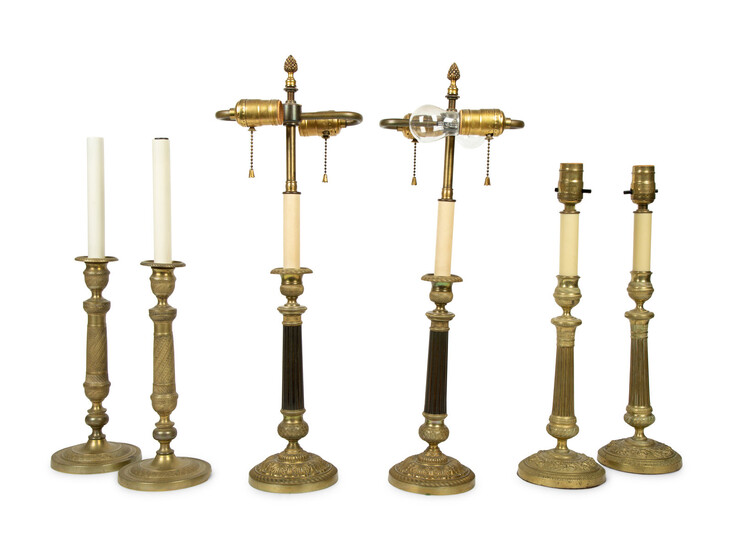 Three Pairs of Louis XVI Style Gilt Bronze Candlesticks Mounted as Lamps