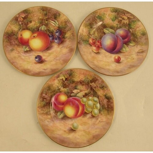 Three Royal Worcester side plates, decorated with fruit by F...
