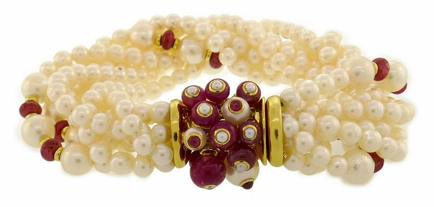 Trianon Pearl Ruby BRACELET with Yellow Gold Clasp Bead