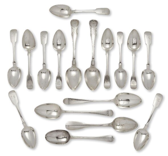 Twelve 19th century silver fiddle pattern dessert spoons, comprising a set of six William IV spoons, London, c.1830, Jonathan Hayne, engraved with the initial 'B' to terminals, and a set of five George III spoons, London, c.1814, Solomon Hougham...