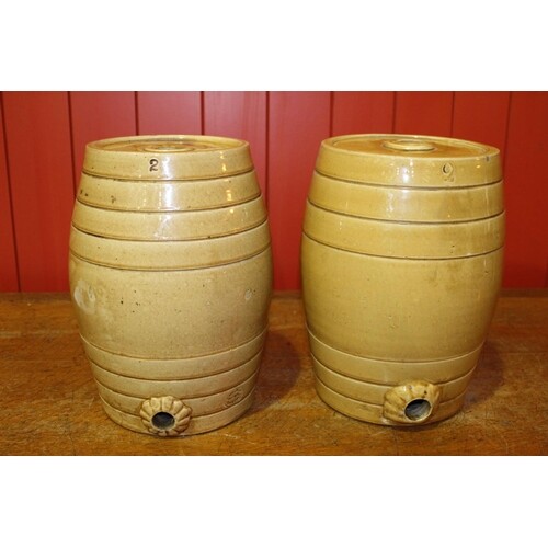 Two 19th C. glazed stoneware 2 gallon dispensers. { 33 cm H ...