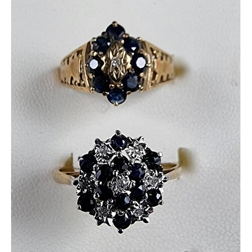 Two 9ct gold sapphire and diamond cluster rings, 4.8 gm