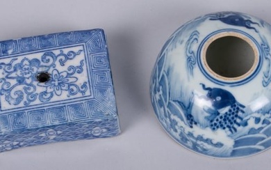 Two Chinese Blue and White Porcelain Articles, Water Dropper and Wash Pot