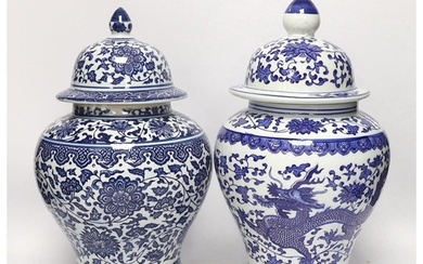 Two Chinese blue and white vases and covers, 38cm high...