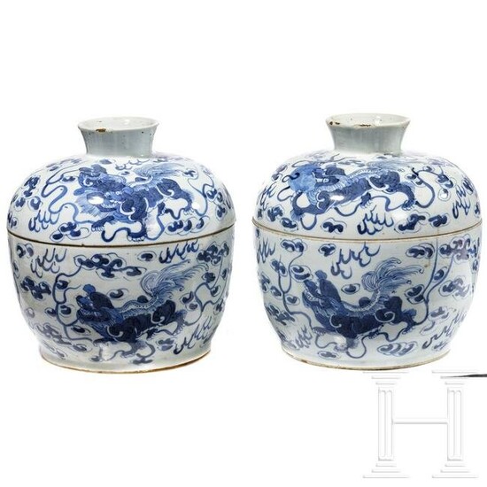 Two Chinese lidded bowls with blue-white painting, 20th