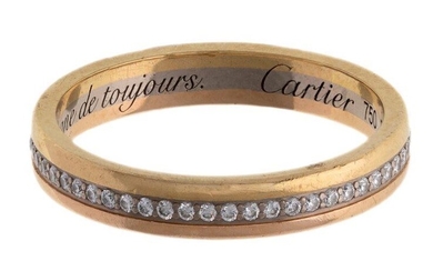 Two diamond band rings, by Cartier and Tiffany & Co, each set with a line of brilliant-cut diamonds, signed Cartier, numbered, QO5280, ring size O, and signed Tiffany & Co, British hallmarks for 18-carat gold, ring size M (2)