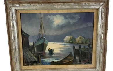 UNATTRIBUTED; oil on canvas, shipping scene, boats in a harbour,...
