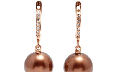 United Pearl - 11x12mm Chocolate Tahitian Pearls - 14 kt. Pink gold - Earrings - 0.18 ct