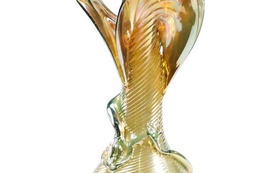 Unusual Iridescent Hand Blown Art Glass Vase Flower Form, Horizontal Ribbed Pattern 11.75 in. height