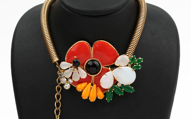 Unusual necklace, metal gilt, 1950s , middlepart big blossom with...