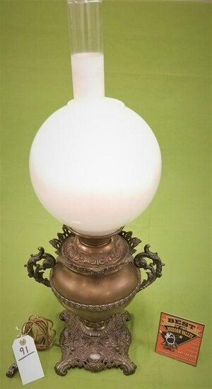 VICT OIL LAMP W/ METAL BASE AND MILK GLASS GLOBE SHADE