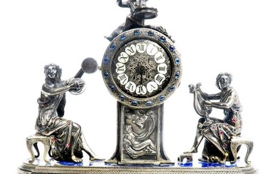 VIENNESE JEWELLED SILVER AND CHAMPLEVE ENAMEL MANTEL CLOCK