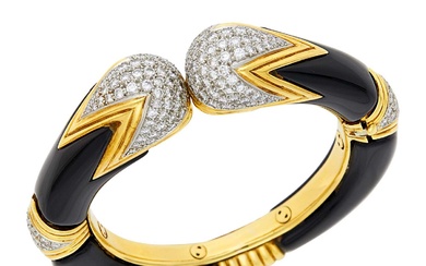 Van Cleef & Arpels Gold, Platinum, Black Onyx and Diamond Bangle Bracelet
