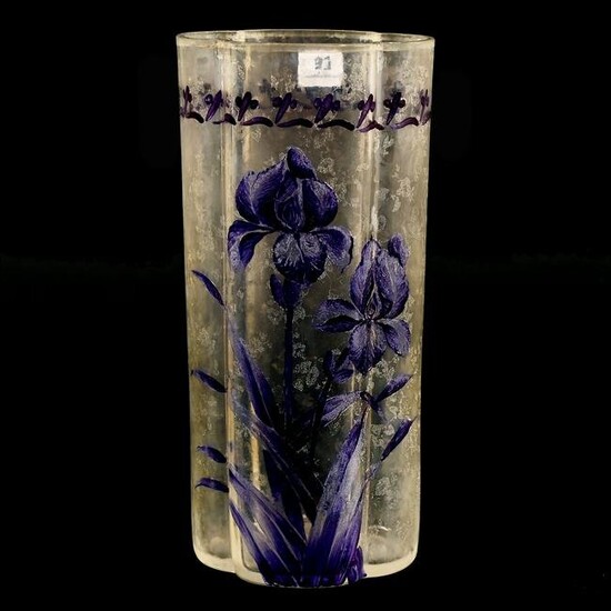 Vase, Clear Frosted Art Glass, Amethyst Enamel