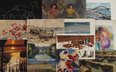 Vaste ensemble d'aquarelles et de dessins composé de 21 techniques mixtes ou aquarelles et deux...