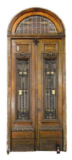 Very Tall Arch Top Door With Iron & Stained Glass