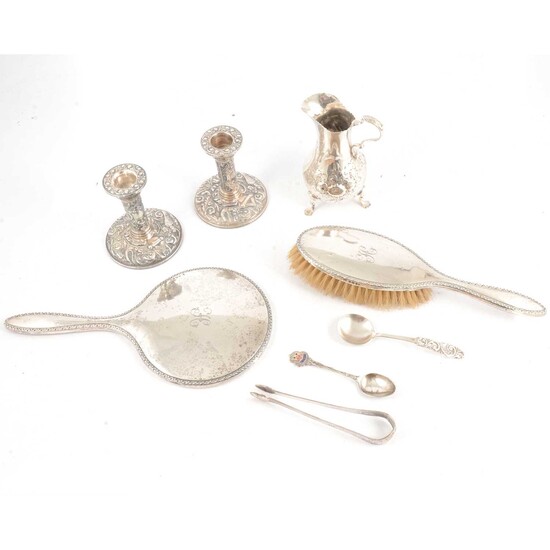 Victorian silver cream jug, H J Lias & Son, London 1869, and other small silver items.