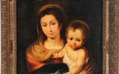 Vierge à l'enfant, suiveur de Bartolomé Esteban Murillo, école sévillane du XVIIIe siècle Huile sur...