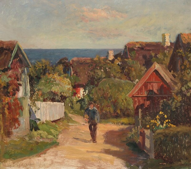 Viggo Pedersen: View from Arildsleje. Signed and dated Viggo Pedersen Arildsleje 30/9–16 with an indistinct dedication. Oil on canvas. 46×52 cm.