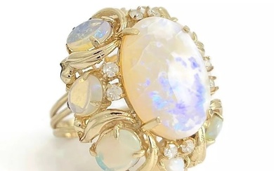 Vintage 1960's Oval Opal Diamond Cocktail Ring 12K Yellow Gold, 13.45 Grams
