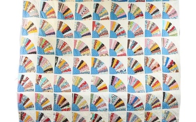 Vintage American mid 20th Century hand pieced multicolor fan pattern quilt. 82" x 77"
