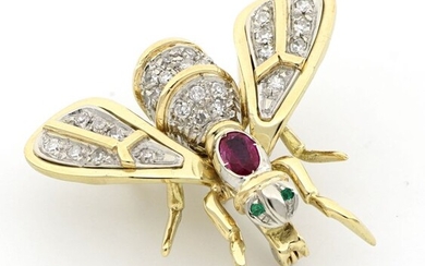 Vintage - No Reserve Price - 18 kt. White gold, Yellow gold - Brooch - 0.55 ct Diamonds - Emeralds, Ruby