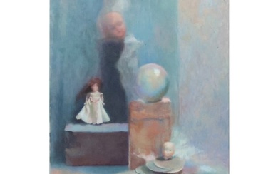 Vintage Oil Painting on Canvas Still Life with Dolls
