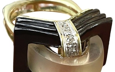 Vintage Quartz, Diamond, and Onyx Cocktail Ring - 14K Yellow Gold