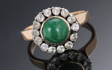 Vintage rosette ring of 18 kt. gold and white gold with green stone and white topazes