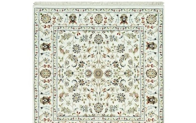 Weathered White All Over Flower Design Hand Knotted Wool Square Rug