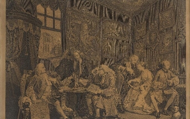 William Hogarth, FRSA, British 1697-1764- Marriage à-la-Mode; the complete set of six engravings on laid paper laid down on canvas, 1745, published by W. Hogarth, London, engraved by Baron, Ravenet and Scotin, with narrative descriptions attached...
