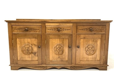 Yorkshire oak sideboard, three drawers over three fielded panelled...