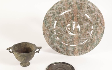 iGavel Auctions: Chinese Archaic Style Jade Bi, a Han Style Bronze Mirror and an Ancient Style Cup AFR3SHLM