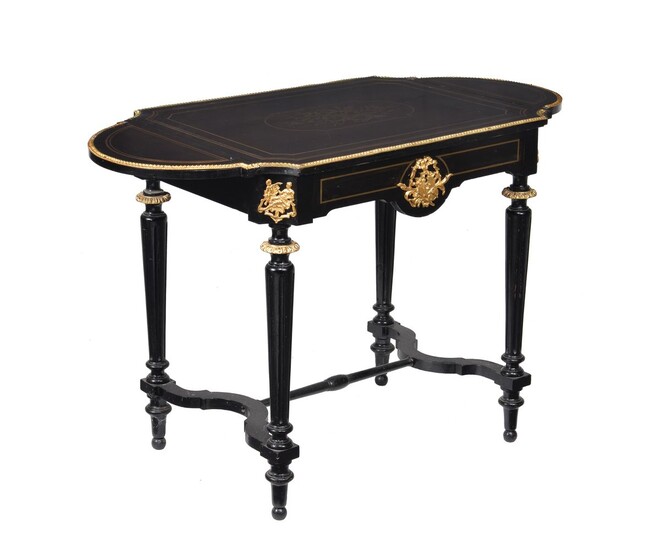 ? A Napoleon III ebony and ebonised, brass inlaid, and gilt metal mounted side table