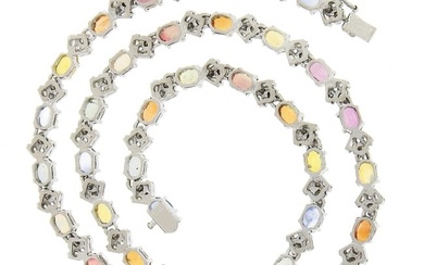 14k Gold 25.56ctw Multicolor Sapphire & Diamond 17" Line Link Chain Necklace