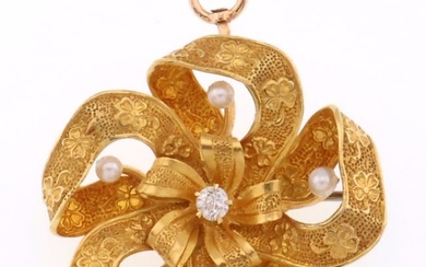 14k Gold Vintage Diamond & Pearl Pin/Pendant 6.9g
