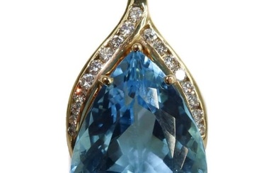 14k Yellow Gold Blue Topaz and Diamond Necklace Pendant