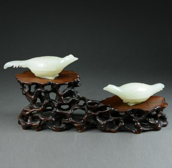 18/19th C. Pair of White Jade Bird Form Boxes