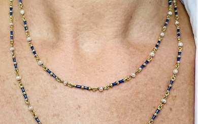 18K Yellow Gold Natural Pearl & Blue Enamel Necklace