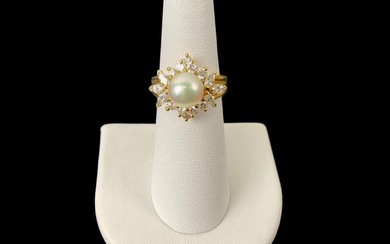 18K Yellow Gold Pearl and Diamond Ring