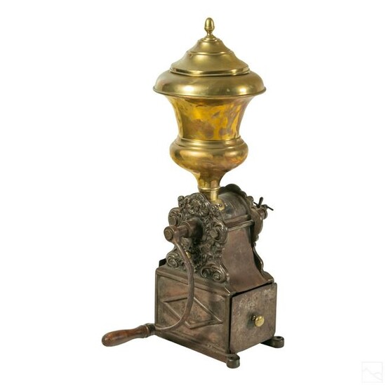 19C Antique Cast Iron and Brass Top Coffee Grinder