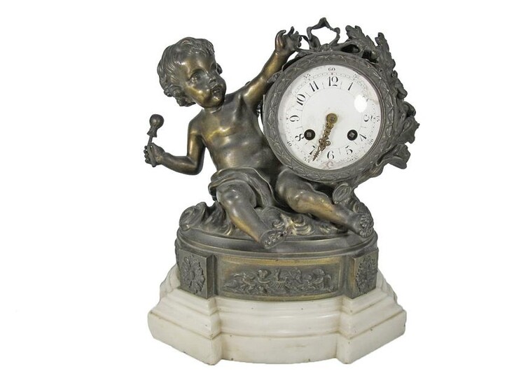 19th C French Marti bronze & marble clock