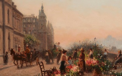 19th Century Continental School, Street scene with flower sellers