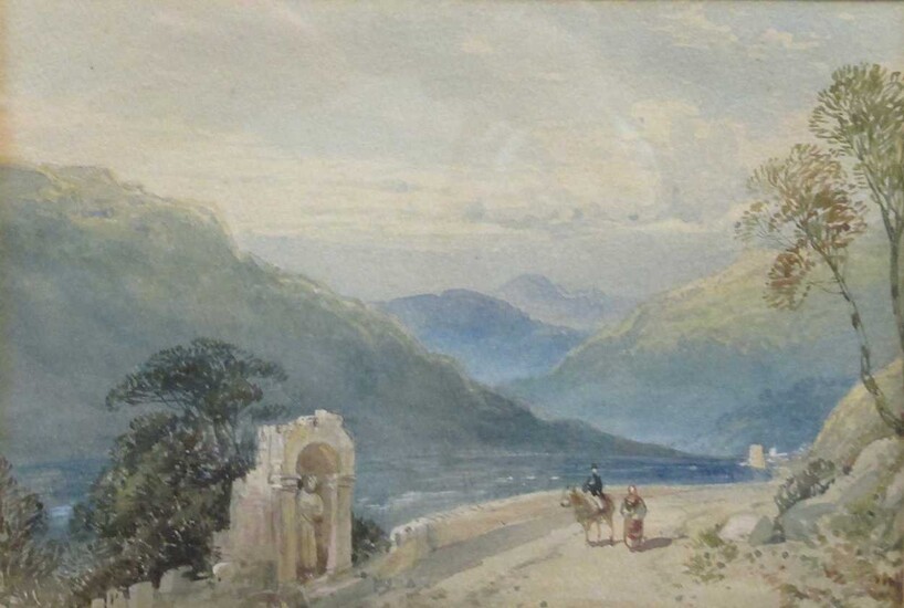 19th Century Continental lake scene with travellers on a path near a shrine, 17 x 25cm, together