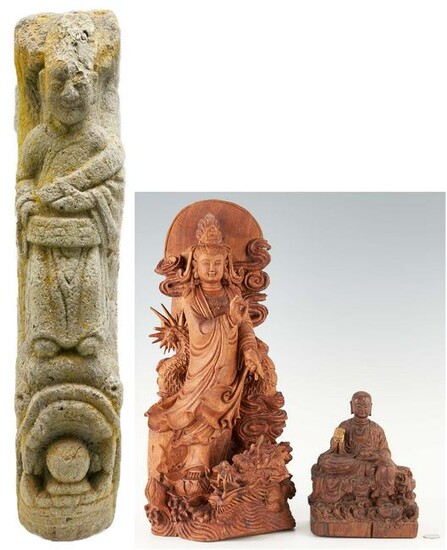 2 Asian Carved Wood Figures, Sculpture Fragment, 3