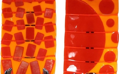 2 Fused Glass Mosaic Mid-Century Modern Orange and Red Serving Platters 12 in. x 7.25 in.