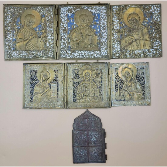 2 Russian Orthodox Enameled Bronze Icon 19th C