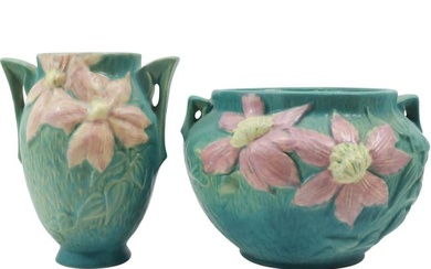 2 Vintage Roseville Art Pottery Clematis Vases