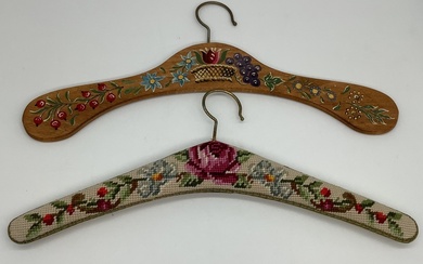 2 antique Bavarian hangers. Hand-stitched with cross stitch and painted by a folk artist. One hanger is handmade tapestry and cross stitch. The second is painted with floral designs. Rarity in excellent condition.